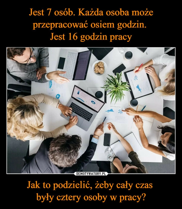 
    Jest 7 osób. Każda osoba może przepracować osiem godzin. 
Jest 16 godzin pracy Jak to podzielić, żeby cały czas 
były cztery osoby w pracy?