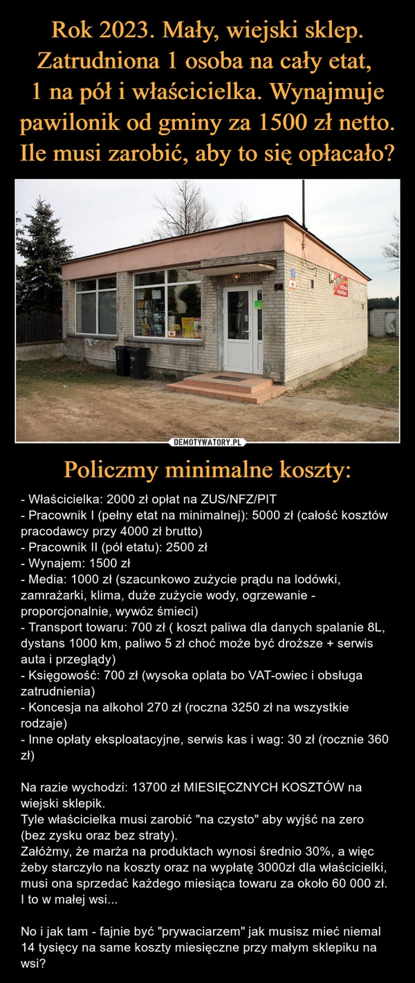 
    Rok 2023. Mały, wiejski sklep.
Zatrudniona 1 osoba na cały etat, 
1 na pół i właścicielka. Wynajmuje pawilonik od gminy za 1500 zł netto. Ile musi zarobić, aby to się opłacało? Policzmy minimalne koszty: