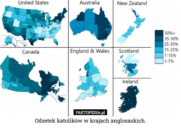 
    Odsetek katolików w krajach anglosaskich.