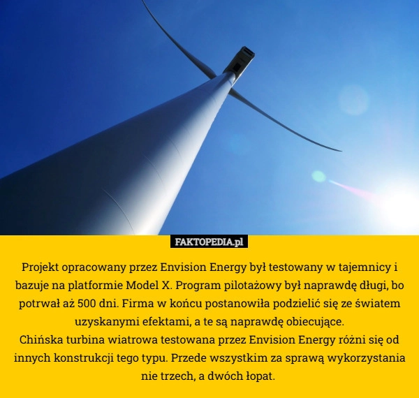 
    Projekt opracowany przez Envision Energy był testowany w tajemnicy i bazuje