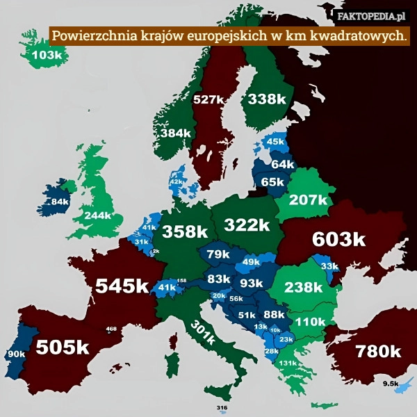 
    Powierzchnia krajów europejskich w km kwadratowych.