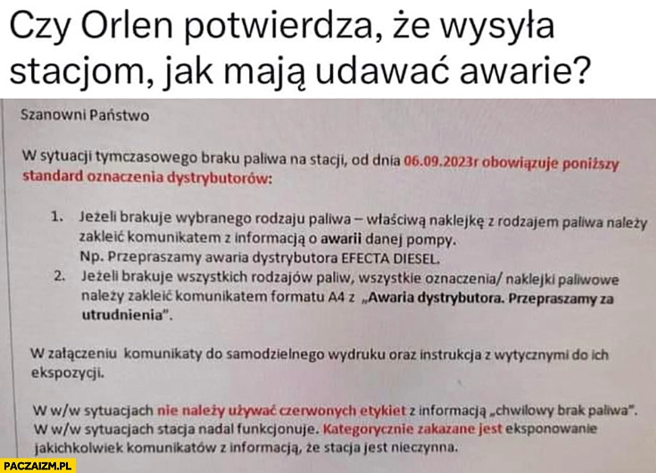 
    Czy Orlen potwierdza, że wysyła stacjom maile jak maja udawać awarie dystrybutorów