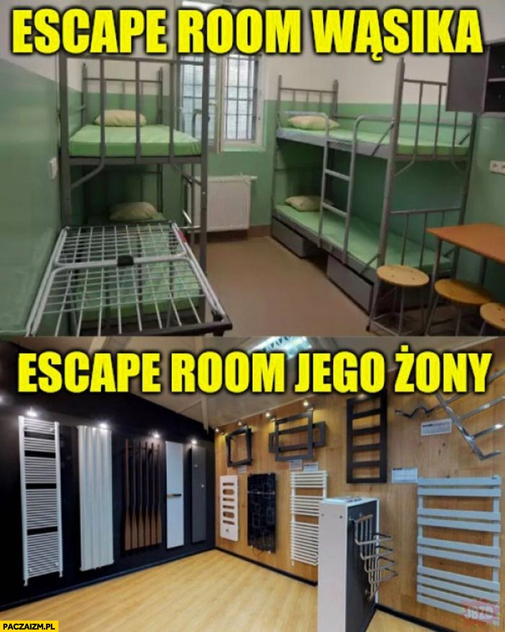 
    Escape Room Wąsika więzienie areszt vs escape room jego żony salon z kaloryferami grzejnikami