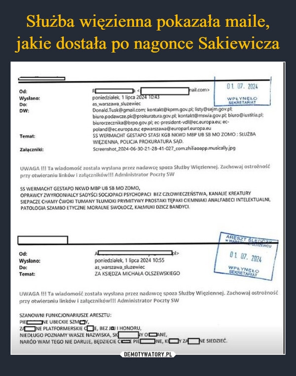 
    Służba więzienna pokazała maile, jakie dostała po nagonce Sakiewicza