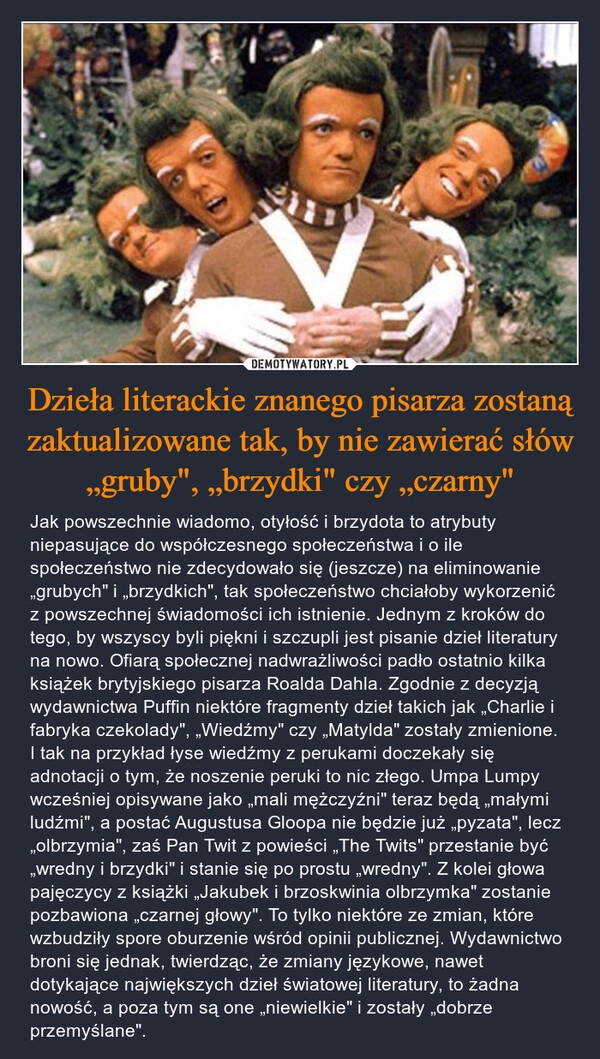 
    Dzieła literackie znanego pisarza zostaną zaktualizowane tak, by nie zawierać słów „gruby", „brzydki" czy „czarny"