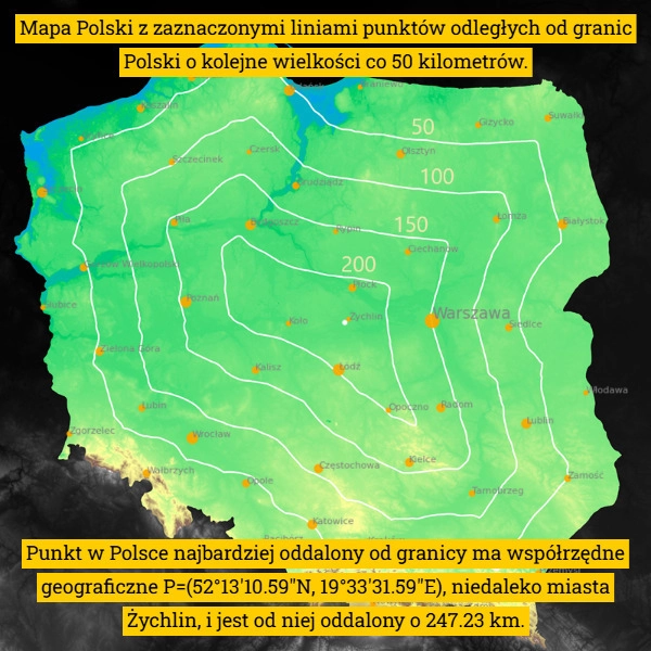 
    Mapa Polski z zaznaczonymi liniami punktów odległych od granic Polski o...