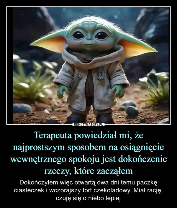 
    Terapeuta powiedział mi, że najprostszym sposobem na osiągnięcie wewnętrznego spokoju jest dokończenie rzeczy, które zacząłem