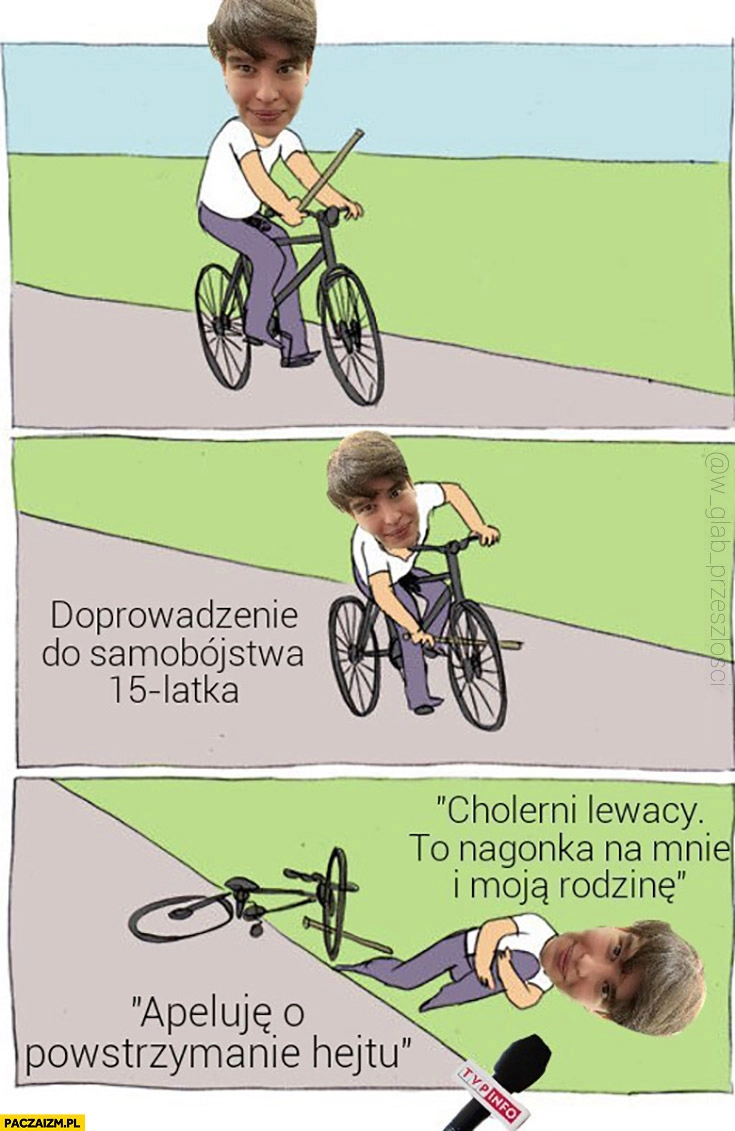 
    Oskar Szafarowicz jedzie na rowerze kij w szprychy apeluje o powstrzymanie hejtu