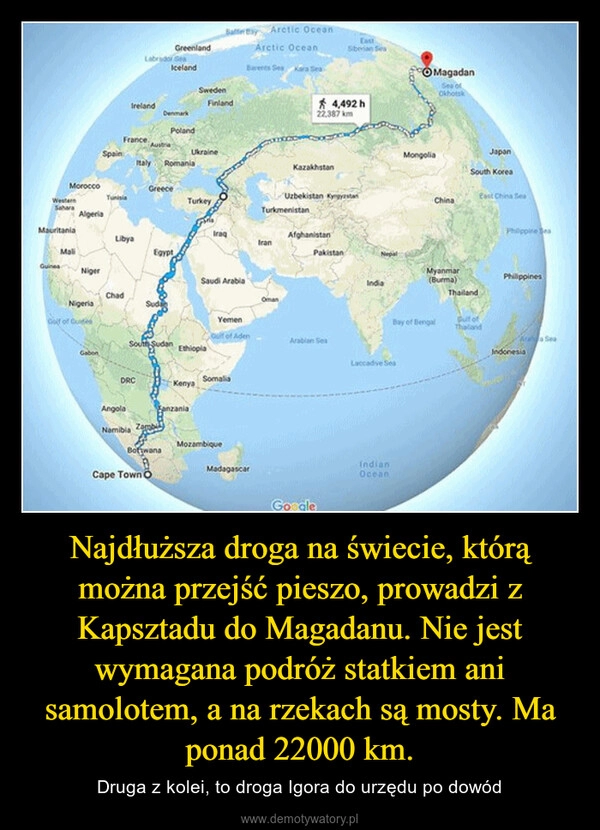 
    Najdłuższa droga na świecie, którą można przejść pieszo, prowadzi z Kapsztadu do Magadanu. Nie jest wymagana podróż statkiem ani samolotem, a na rzekach są mosty. Ma ponad 22000 km.