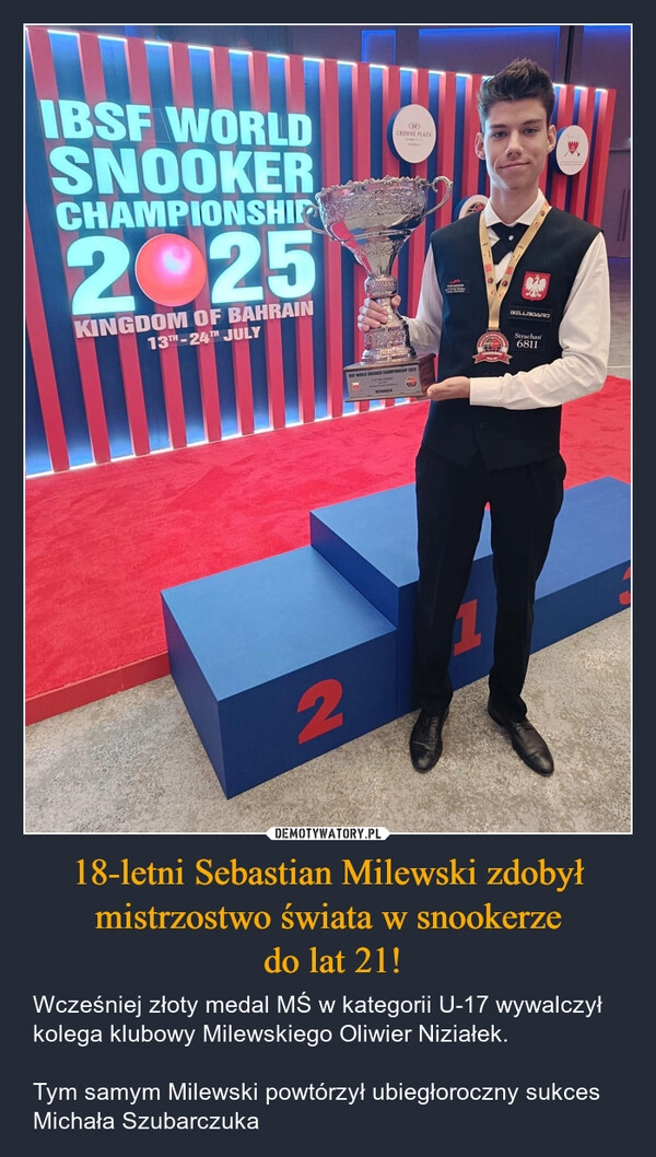 
    18-letni Sebastian Milewski zdobył mistrzostwo świata w snookerze
 do lat 21!