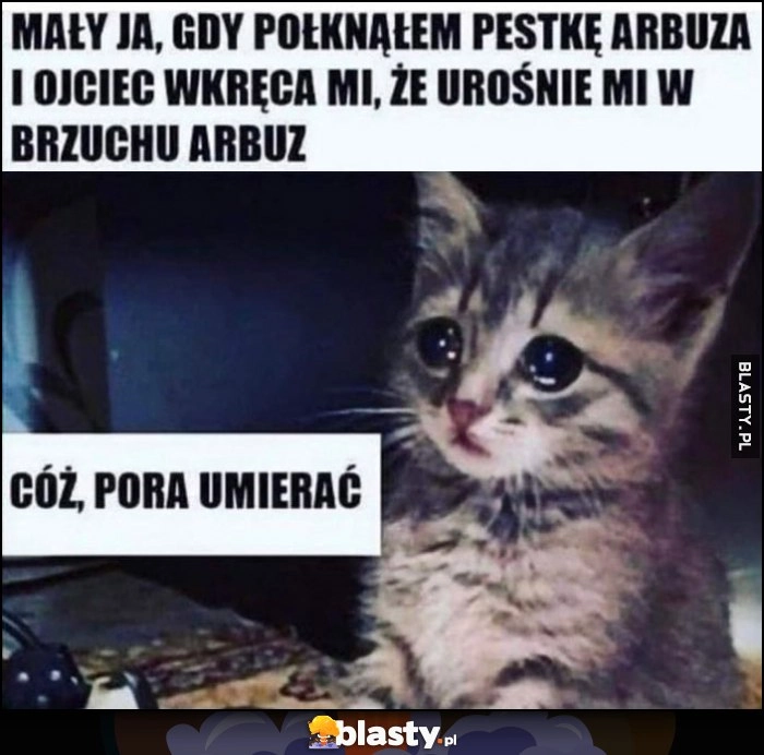 
    Mały ja, gdy połknąłem pestkę arbuza i ojciec wkręca mi, że urośnie mi w brzuchu arbuz. Kot kotek cóż pora umierać