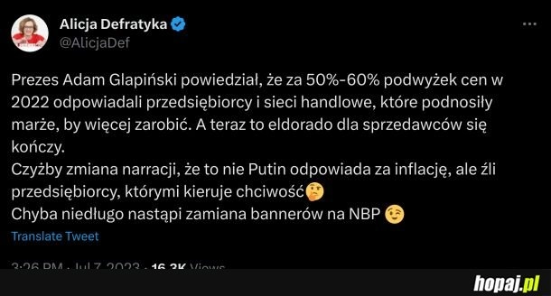 
    Zdaniem NBP polscy przedsiębiorcy są winni inflacji bardziej niż Putin, który był jej winny jeszcze pół roku temu! Polowanie na wroga narodu trwa! IKS DE