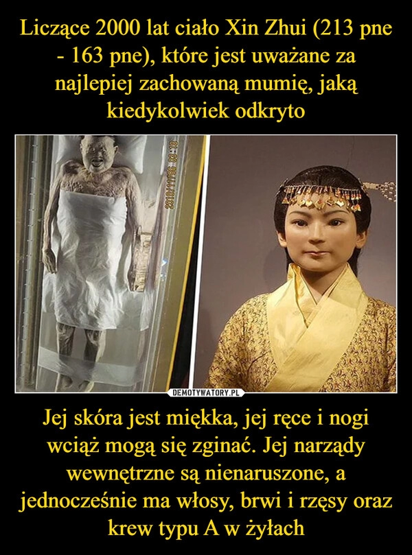 
    Liczące 2000 lat ciało Xin Zhui (213 pne - 163 pne), które jest uważane za najlepiej zachowaną mumię, jaką kiedykolwiek odkryto Jej skóra jest miękka, jej ręce i nogi wciąż mogą się zginać. Jej narządy wewnętrzne są nienaruszone, a jednocześnie ma włosy, brwi i rzęsy oraz krew typu A w żyłach