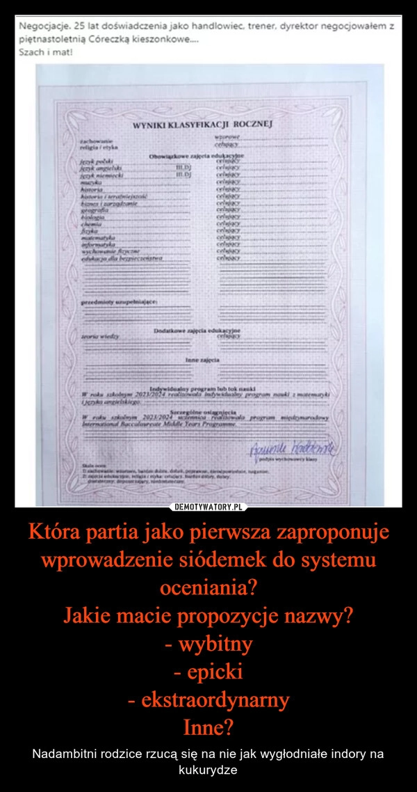 
    Która partia jako pierwsza zaproponuje wprowadzenie siódemek do systemu oceniania?
Jakie macie propozycje nazwy?
- wybitny
- epicki
- ekstraordynarny
Inne?