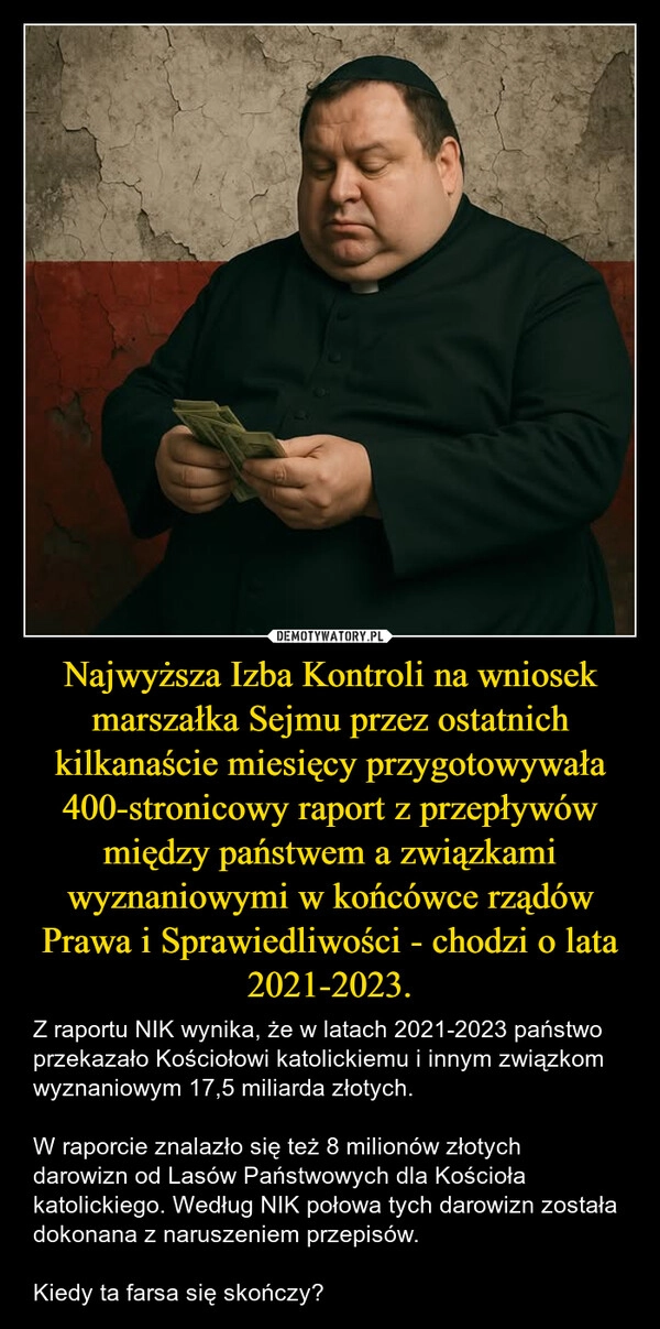 
    Najwyższa Izba Kontroli na wniosek marszałka Sejmu przez ostatnich kilkanaście miesięcy przygotowywała 400-stronicowy raport z przepływów między państwem a związkami wyznaniowymi w końcówce rządów Prawa i Sprawiedliwości - chodzi o lata 2021-2023.