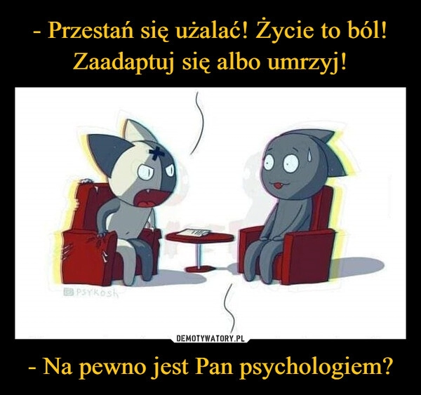 
    - Przestań się użalać! Życie to ból! Zaadaptuj się albo umrzyj! - Na pewno jest Pan psychologiem?