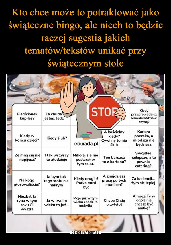 
    Kto chce może to potraktować jako świąteczne bingo, ale niech to będzie raczej sugestia jakich tematów/tekstów unikać przy świątecznym stole