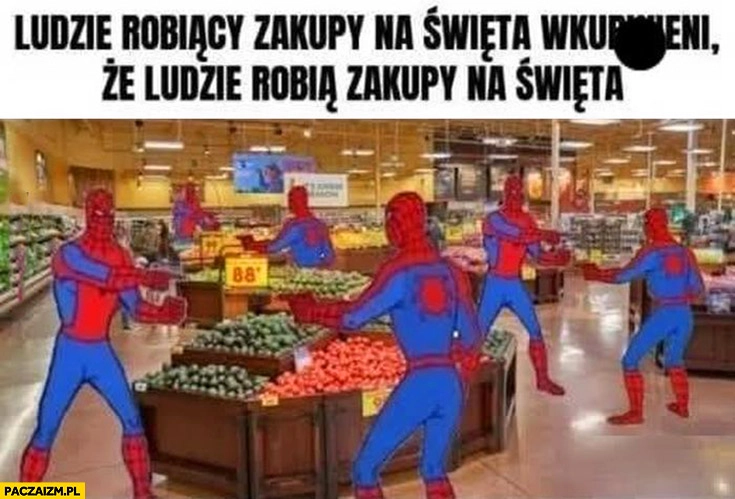 
    Ludzie robiący zakupy na święta wkurzeni, że ludzie robią zakupy na święta Spiderman