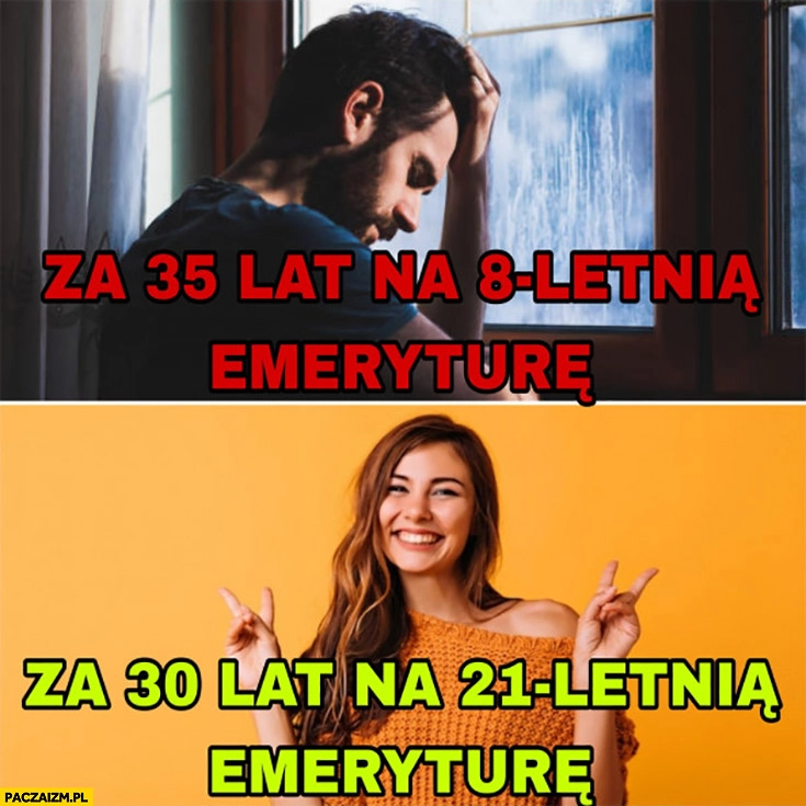 
    Facet za 35 lat pójdzie na 8 letnią emeryturę vs kobieta za 30 lat pójdzie na 21 letnia emeryturę