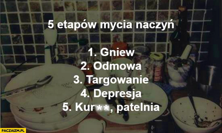 
    5 etapów mycia naczyń: gniew, odmowa, targowanie, depresja, kurde patelnia