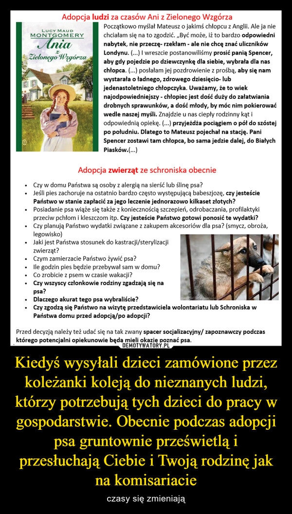 
    Kiedyś wysyłali dzieci zamówione przez koleżanki koleją do nieznanych ludzi, którzy potrzebują tych dzieci do pracy w gospodarstwie. Obecnie podczas adopcji psa gruntownie prześwietlą i przesłuchają Ciebie i Twoją rodzinę jak na komisariacie