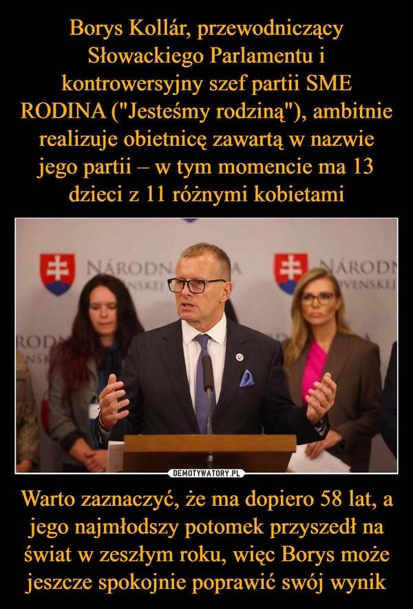 
    Borys Kollár, przewodniczący Słowackiego Parlamentu i kontrowersyjny szef partii SME RODINA ("Jesteśmy rodziną"), ambitnie realizuje obietnicę zawartą w nazwie jego partii – w tym momencie ma 13 dzieci z 11 różnymi kobietami Warto zaznaczyć, że ma dopiero 58 lat, a jego najmłodszy potomek przyszedł na świat w zeszłym roku, więc Borys może jeszcze spokojnie poprawić swój wynik