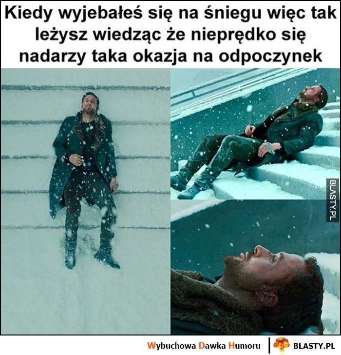 
    Kiedy wywaliłeś się na śniegu więc tak leżysz wiedząc, że nieprędko się nadarzy taka okazja na odpoczynek