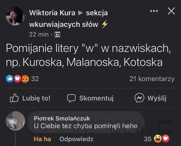 
    Pomijanie 'w' w nazwisku