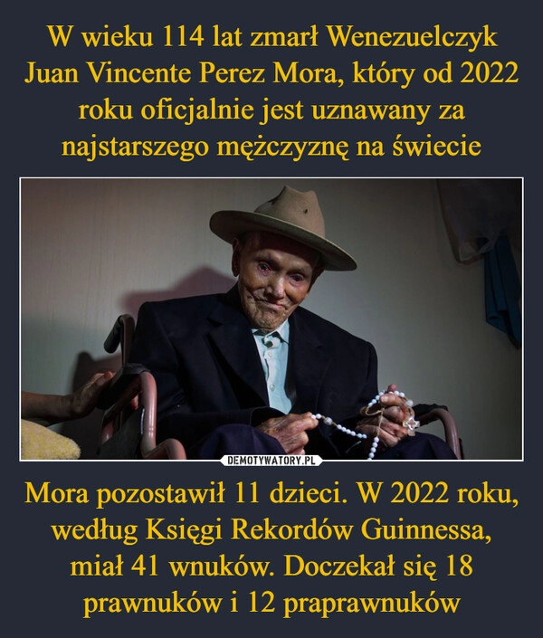 
    W wieku 114 lat zmarł Wenezuelczyk Juan Vincente Perez Mora, który od 2022 roku oficjalnie jest uznawany za najstarszego mężczyznę na świecie Mora pozostawił 11 dzieci. W 2022 roku, według Księgi Rekordów Guinnessa, miał 41 wnuków. Doczekał się 18 prawnuków i 12 praprawnuków