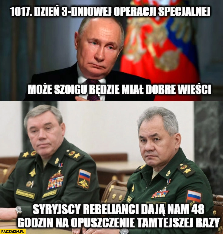 
    Putin 1017 dzień 3 dniowej operacji może Szoigu będzie miał dobre wieści, Syryjscy rebelianci dają nam 48 godzin na opuszczenie tamtejszej bazy