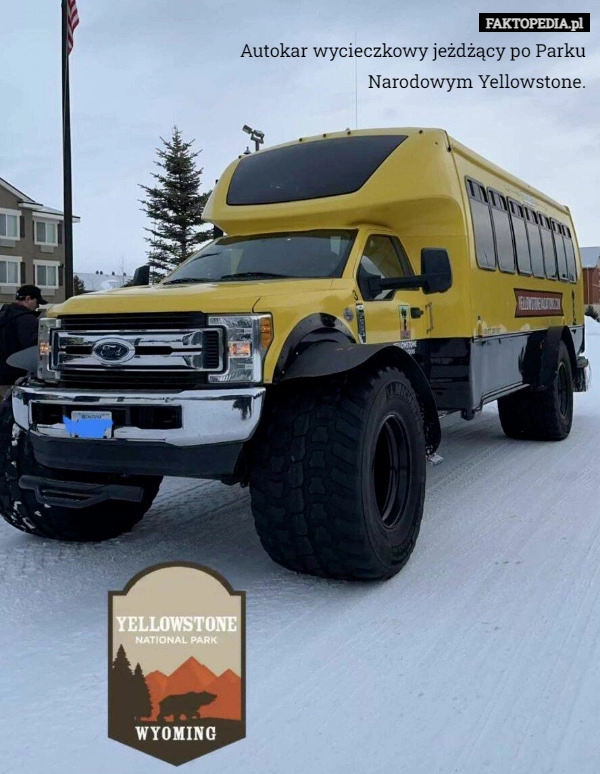 
    Autokar wycieczkowy jeżdżący po Parku Narodowym Yellowstone.