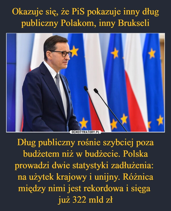 
    Okazuje się, że PiS pokazuje inny dług publiczny Polakom, inny Brukseli Dług publiczny rośnie szybciej poza budżetem niż w budżecie. Polska prowadzi dwie statystyki zadłużenia: 
na użytek krajowy i unijny. Różnica między nimi jest rekordowa i sięga 
już 322 mld zł