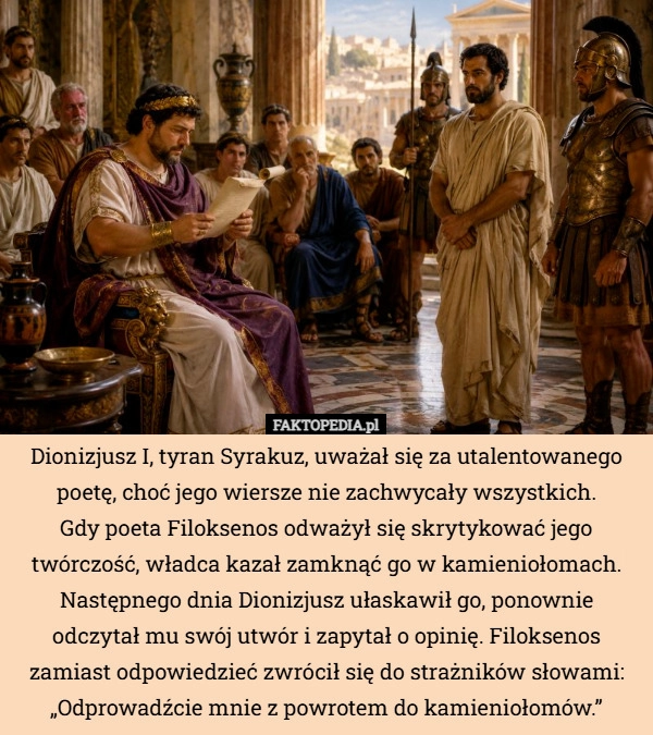 
    Dionizjusz I, tyran Syrakuz, uważał się za utalentowanego poetę, choć jego...