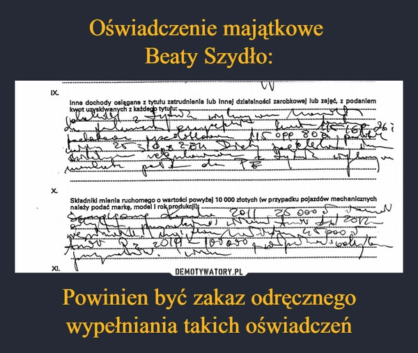 
    Oświadczenie majątkowe 
Beaty Szydło: Powinien być zakaz odręcznego wypełniania takich oświadczeń