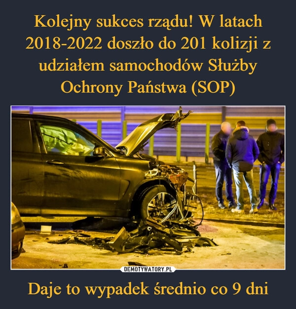 
    Kolejny sukces rządu! W latach 2018-2022 doszło do 201 kolizji z udziałem samochodów Służby Ochrony Państwa (SOP) Daje to wypadek średnio co 9 dni