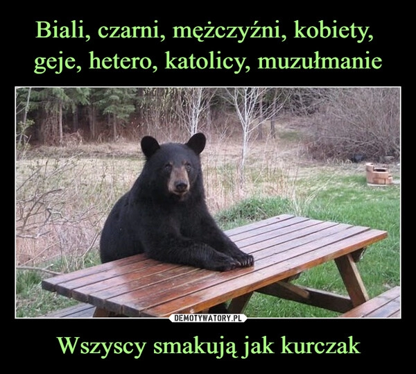 
    Biali, czarni, mężczyźni, kobiety, 
geje, hetero, katolicy, muzułmanie Wszyscy smakują jak kurczak