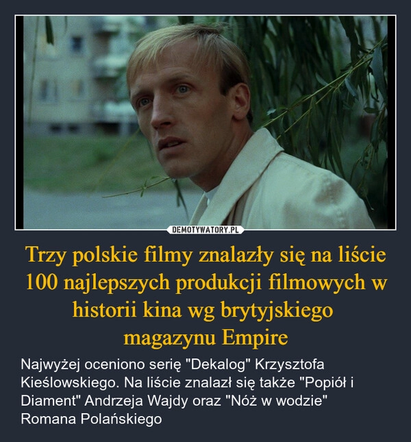 
    Trzy polskie filmy znalazły się na liście 100 najlepszych produkcji filmowych w historii kina wg brytyjskiego 
magazynu Empire