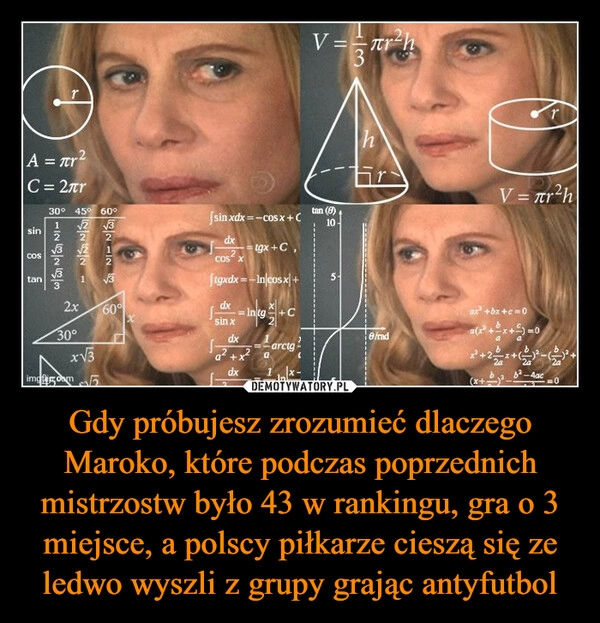 
    
Gdy próbujesz zrozumieć dlaczego Maroko, które podczas poprzednich mistrzostw było 43 w rankingu, gra o 3 miejsce, a polscy piłkarze cieszą się ze ledwo wyszli z grupy grając antyfutbol 