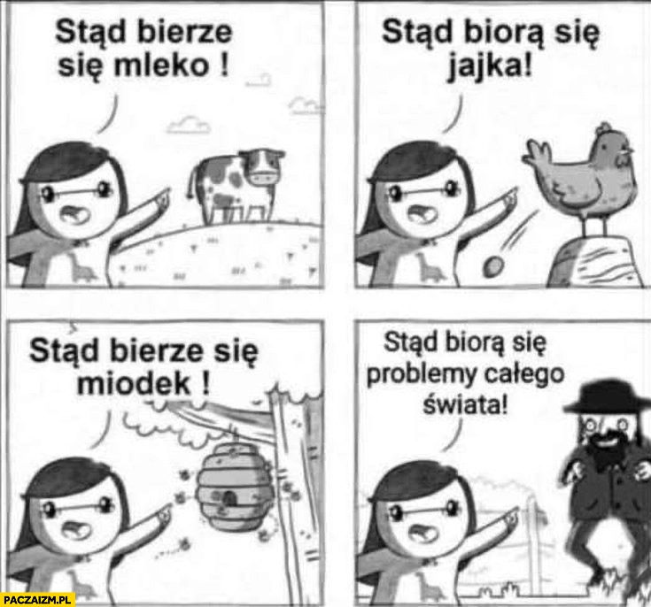 
    Krowa stąd się bierze się mleko, kura stąd biorą się jajka, ul stąd bierze się miodek, Żyd Żydzi stąd biorą się problemy całego świata