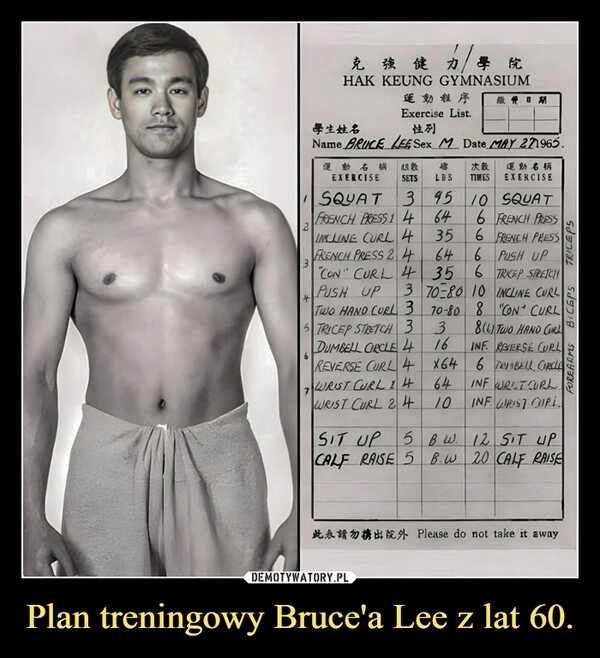 
    Plan treningowy Bruce'a Lee z lat 60.