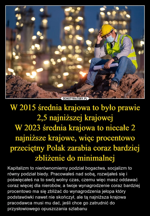 
    W 2015 średnia krajowa to było prawie 2,5 najniższej krajowej
W 2023 średnia krajowa to niecałe 2 najniższe krajowe, więc procentowo przeciętny Polak zarabia coraz bardziej zbliżenie do minimalnej