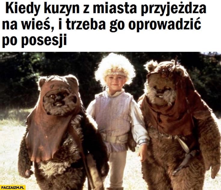 
    Ewoki kiedy kuzyn z miasta przyjeżdża na wieś i trzeba go oprowadzić po posesji