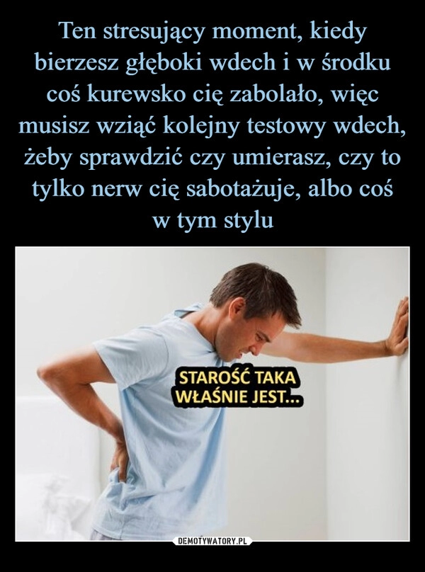 
    Ten stresujący moment, kiedy bierzesz głęboki wdech i w środku coś kurewsko cię zabolało, więc musisz wziąć kolejny testowy wdech, żeby sprawdzić czy umierasz, czy to tylko nerw cię sabotażuje, albo coś
w tym stylu