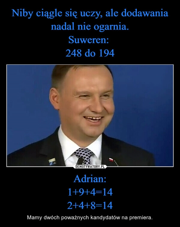 
    Niby ciągle się uczy, ale dodawania nadal nie ogarnia.
Suweren: 
248 do 194 Adrian:
1+9+4=14
2+4+8=14