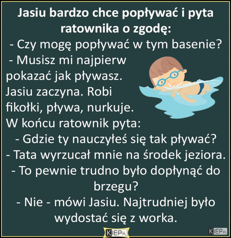 
    Jasiu bardzo chce popływać i pyta ratownika o zgodę...