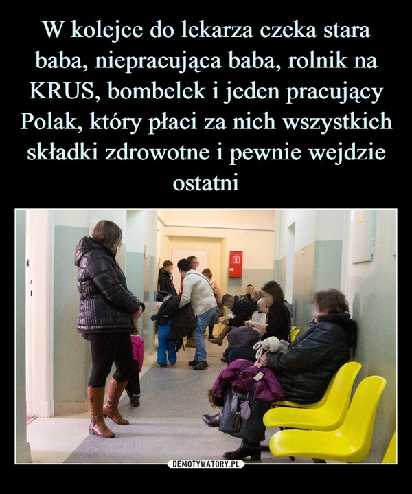 
    W kolejce do lekarza czeka stara baba, niepracująca baba, rolnik na KRUS, bombelek i jeden pracujący Polak, który płaci za nich wszystkich składki zdrowotne i pewnie wejdzie ostatni