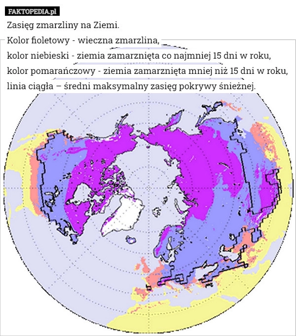 
    Zasięg zmarzliny na Ziemi.
Kolor fioletowy - wieczna zmarzlina,
kolor niebieski