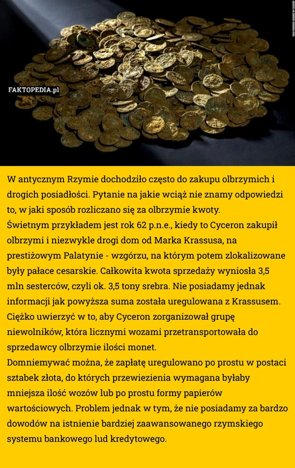 
    W antycznym Rzymie dochodziło często do zakupu olbrzymich i drogich