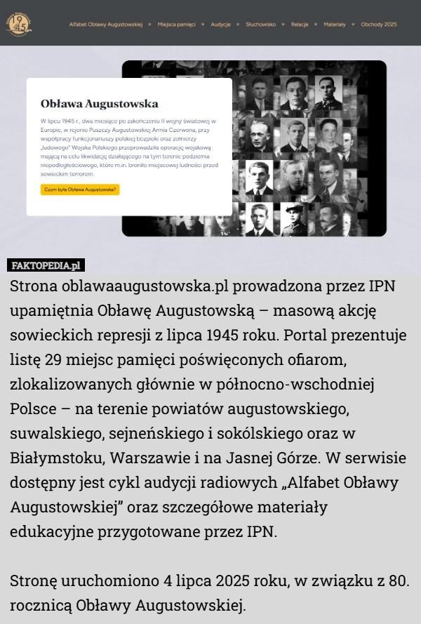 
    Strona oblawaaugustowska.pl prowadzona przez IPN upamiętnia Obławę Augustowską