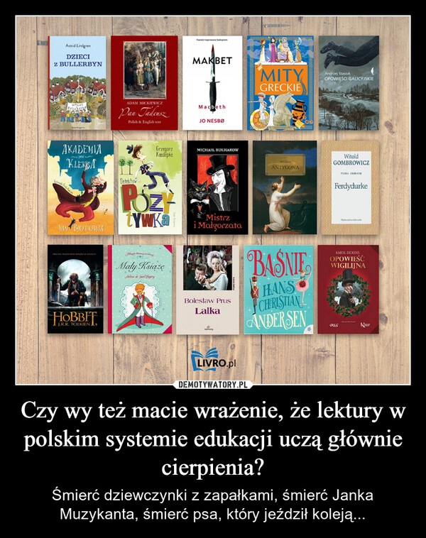 
    Czy wy też macie wrażenie, że lektury w polskim systemie edukacji uczą głównie cierpienia?